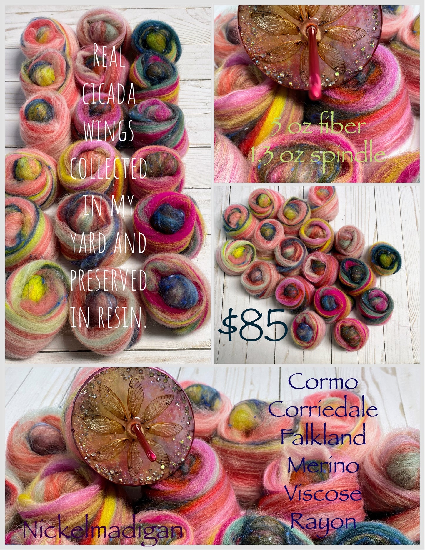 Cicada Spindle and fiber set-Pink and Rainbow