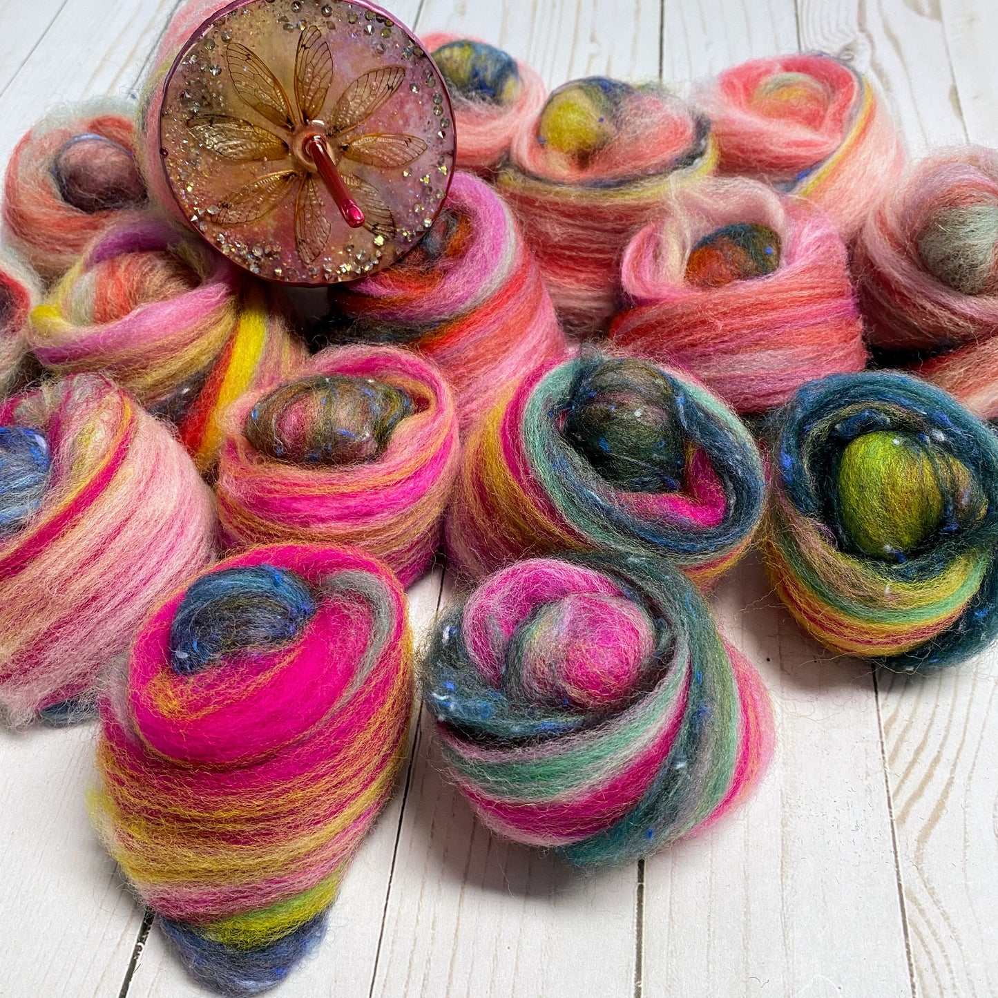 Cicada Spindle and fiber set-Pink and Rainbow