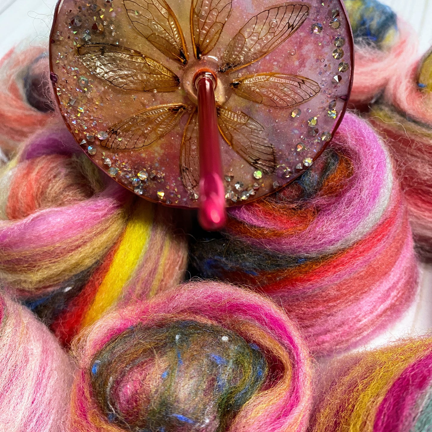 Cicada Spindle and fiber set-Pink and Rainbow