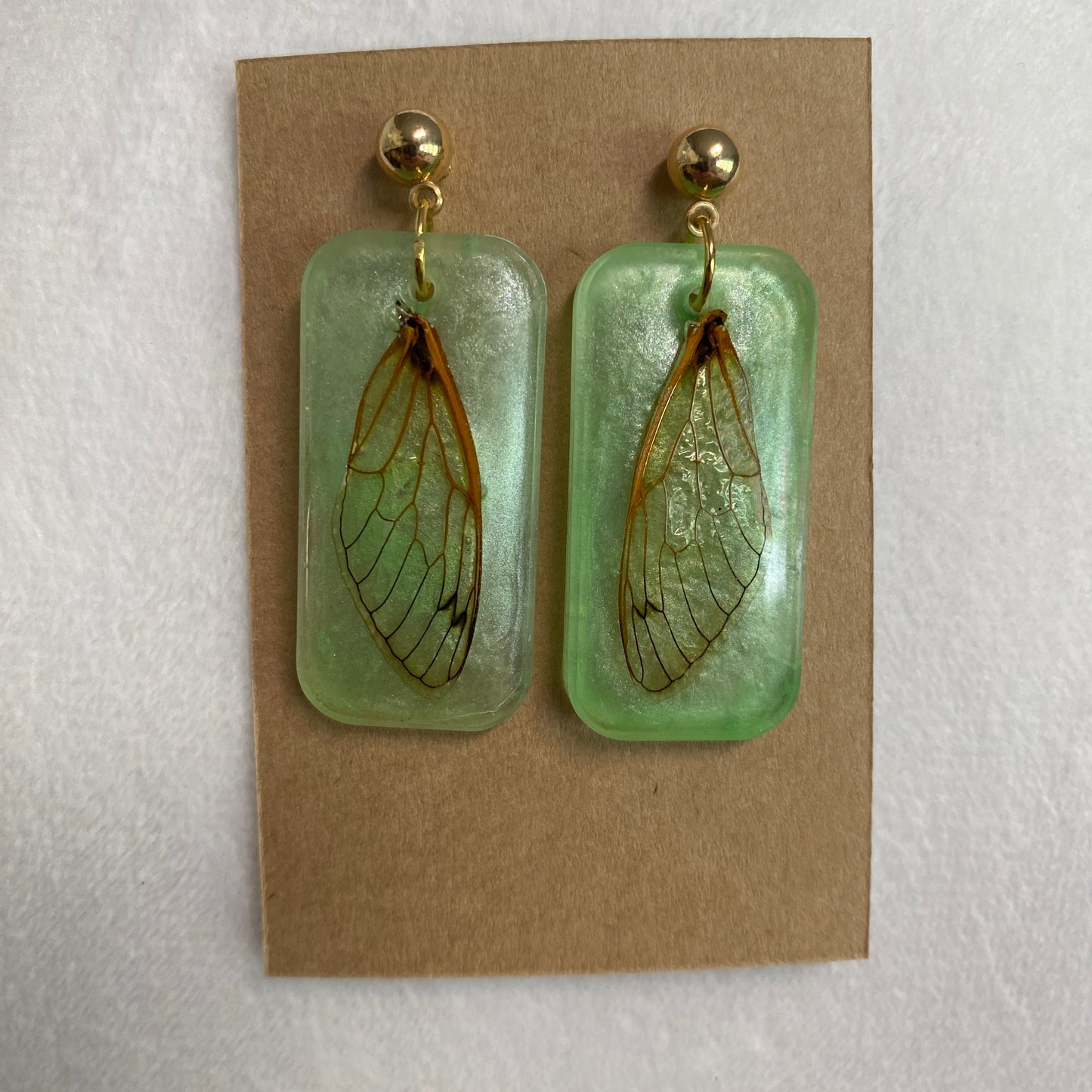 Gold and green rectangle cicada wing earrings