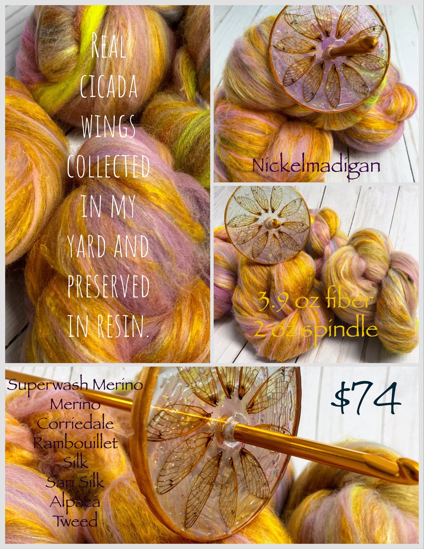 Cicada Spindle and fiber set-orange and pink